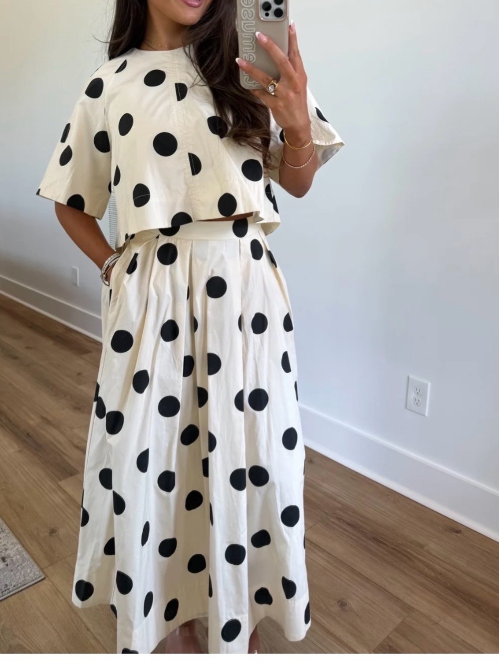Cream Midi skirt and top set with Black Polka Dots